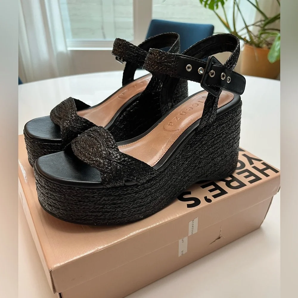 NIB Anthropologie Vicenza Raffia Platform Heels in Black Sz 38 / US 7- 7.5